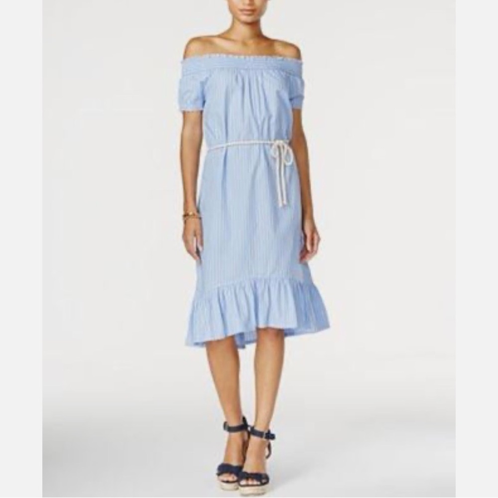 Tommy Hilfiger Women's Striped Peasant Off The Shoulder Dress Blue White M